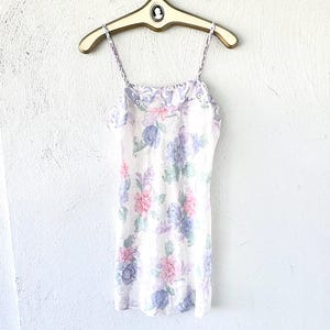 Vintage 80s 90s Floral Brocade Slip Dress 1990s Bias Cut Mini White Dress