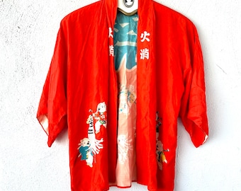 Vintage Japanese Kanji Haori Kimono Cardigan // Red Asian Robe Top