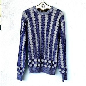 Vintage 80s 90s Ungaro Paris Sweater Coogi Style Graphic Blue White Oversized Knit Top