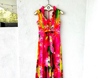 Vintage 60s Rainbow Day Glo Hawaiian Jumpsuit Psychedelic Hawaii Neon 70s  Bright Floral Dress One Piece