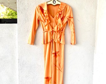 Vintage 70s Disco Wide Leg Jumpsuit Floral Peach Palazzo One Piece