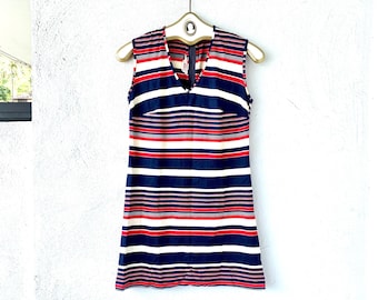 Vintage 60s 70s Gogo Dress Striped Red White and Blue Mini Short Go Go Dress // 1970s Tunic Shirt