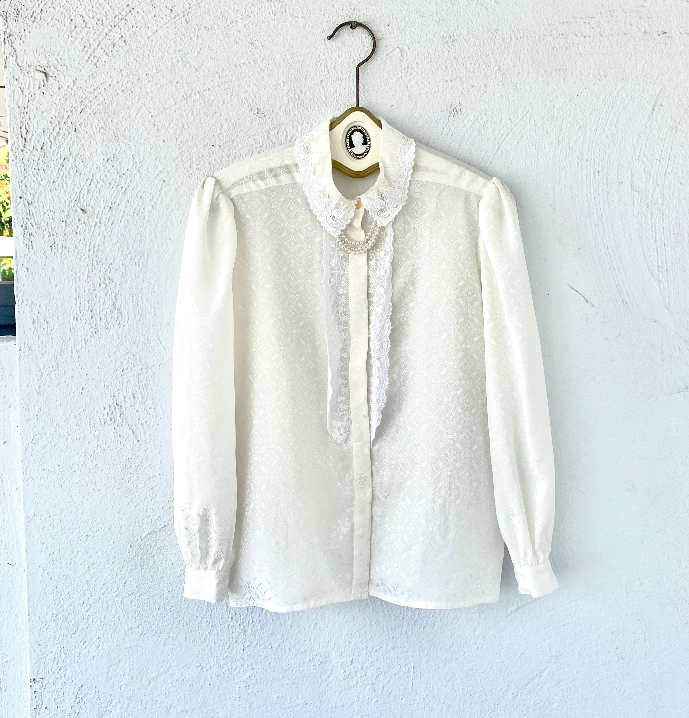 Vintage 80s Lace Collar Shirt Pearl Embellishment White Vintage 80s Lace Collar Shirt Pearl Embellishment White