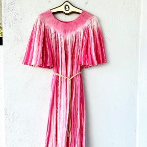 Vintage 70s Greek Boho Gauze Swing Dress 1970s Hippie Ombre Pink Angel Sleeve