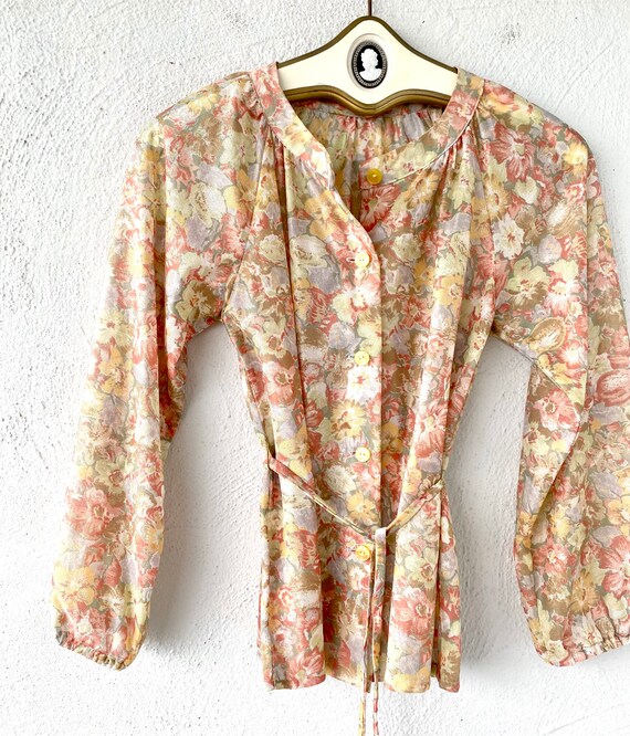 Vintage 70s Boho Folk Sheer Shirt Floral Peasant … - image 4