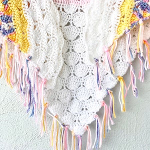 Vintage Crochet Pastel Rainbow Boho Swimsuit Cape Poncho Coverup // White Knit Shawl Wrap Skirt image 3