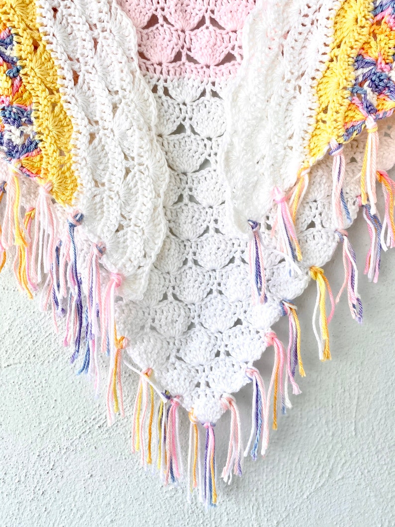 Vintage Crochet Pastel Rainbow Boho Swimsuit Cape Poncho Coverup // White Knit Shawl Wrap Skirt image 3