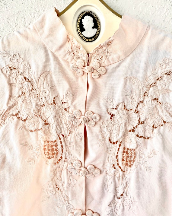 Vintage Asian Lace Cutout Pink Shirt Chinese Flor… - image 2