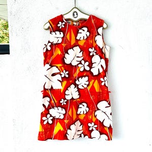 Vintage 60s 70s Hawaiian Tiki Mod Dress 1960s 1970s Hawaii Red Shortie Muumuu
