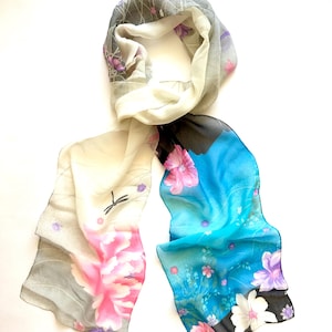 Vintage Japanese Silk Scarf Floral Scarf Long Bright Black Scarf