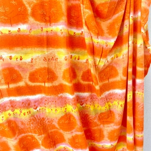 Vintage 1970s Bright Orange Fabric Trees Floral Landscape 70s Material