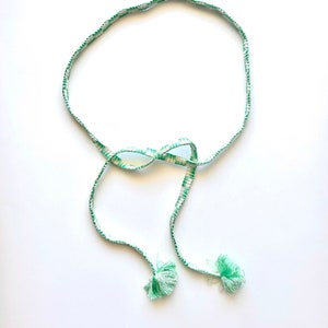 Vintage Japanese Woven Kimono Tie Belt Mint Green White Sash Fringe