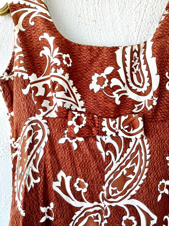 Vintage 60s Hawaiian Paisley Dress Brown Bow Empi… - image 4