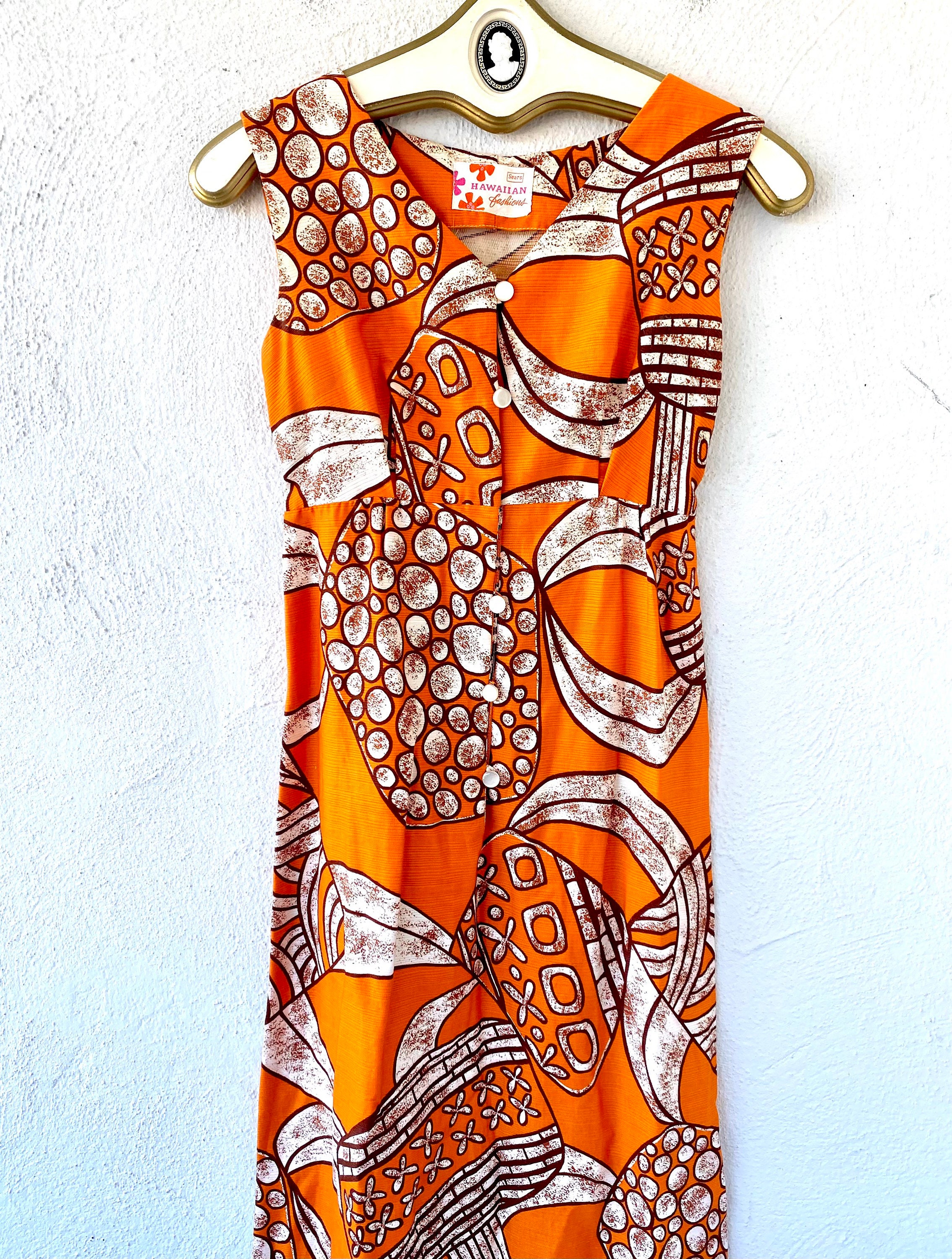 Vintage 60s 70s Sears Hawaiian Dress 1960s 1970s Orange Bright Hawaii ...