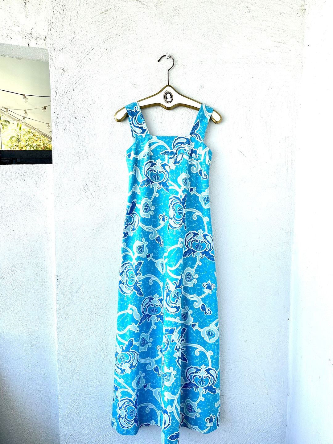 70's Vintage Malia Honolulu Blue Red Strawberry Novelty Print Hawaiian Midi Dress + Original Belt