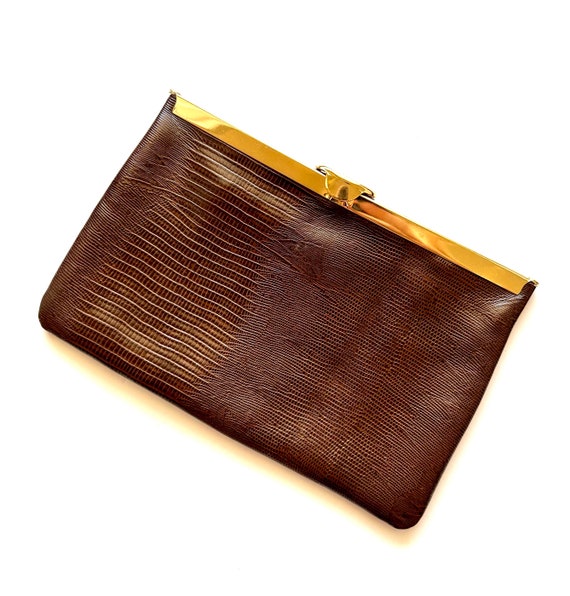 Vintage 60s Leather Clutch 70s Handbag Brown Whit… - image 8