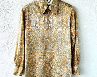 Vintage 70s Alphonse Mucha Art Nouveau Collared Shirt // 1970s Disco Glam Shiny Large Collar Top