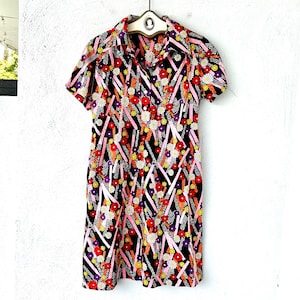 Vintage 60s Malihini Bright Hawaiian Barkcloth Dress 1960s Floral Hawaii Muumuu Collared Shirtdress