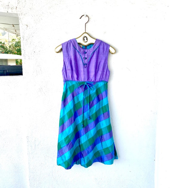Vintage 60s Silk Dress Mod Plaid Purple Thai Silk 