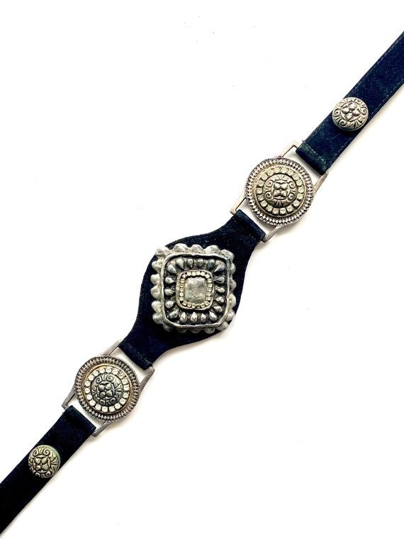 Vintage 80s Black Leather Rhinestone Belt - image 4