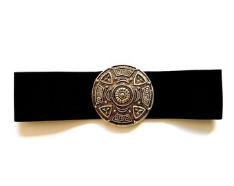 Vintage 80s Black Stretch Belt Gold Large Statement Buckle Wide Waist Retro 80s Black Wide Waist Belt | Stretch Belt | Cinch Belt | Gold  main image 2