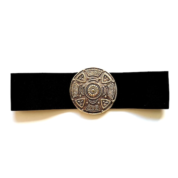 Vintage Black Medallion Belt Metal Scaly Buckle Vintage Gold Medallion Belt 1980s Large Buckle Wide Black  main image 3