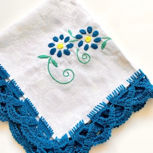 Vintage bordado floral crochet mesa corredor blanco azul lino mantel decoración