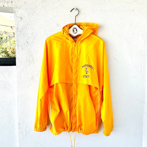 vintage 80s Champion Rain Jacket Maryknoll School Hawaii Bright Yellow Hooded Wind Breaker