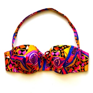 Vintage 80s Bikini Bandeau Top // Bright Pink Yellow Graphic Pop Strapless Bra Top 1980s Swimwear