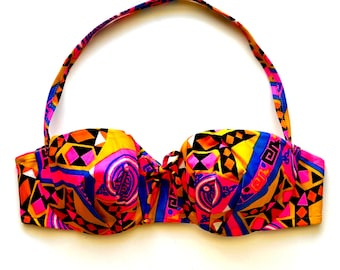 80s Graphic Print Bandeau Bikini Top – Vintage Strapless Swimwear