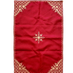 Vintage 70s Boho Embroidered Red Table Linen Decor Altar Fabric