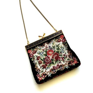 Vintage 1950er Petite Point Bag gestickte Floral Gobelin Clutch Rose 50s Handtasche