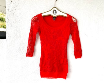 Vintage JPG Mesh Top Jean Paul Gaultier Lace Mesh Shirt // Bright Hot Red Fishnet Mesh Top