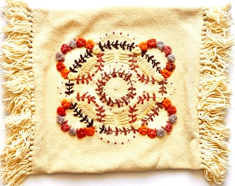 Vintage 70s Embroidered Boho Floral Pillow Decor Country White Fringe Pillowcover