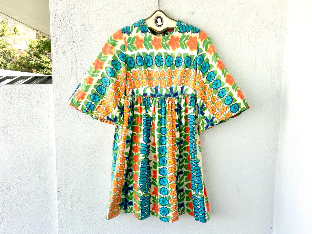 Vintage 60s Hawaiian Linen Muumuu Dress: Flower Power Bell Sleeve - Etsy