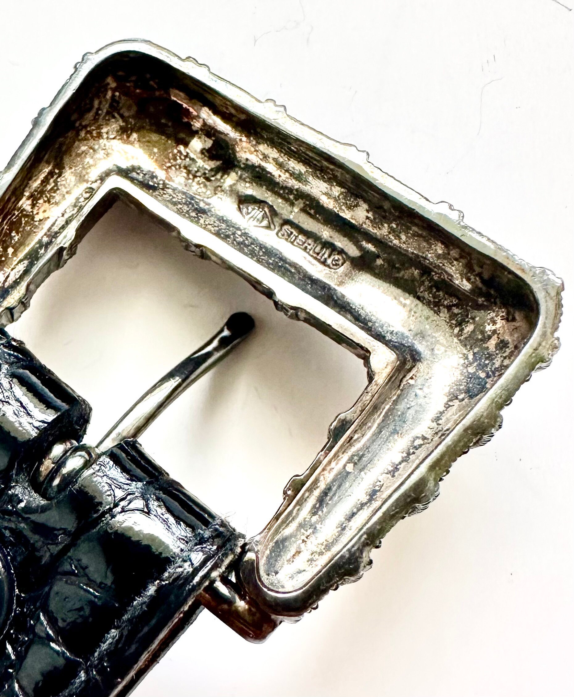 Vintage 90s Marcasite Sterling Silver Buckle Patent Leather  display picture 2