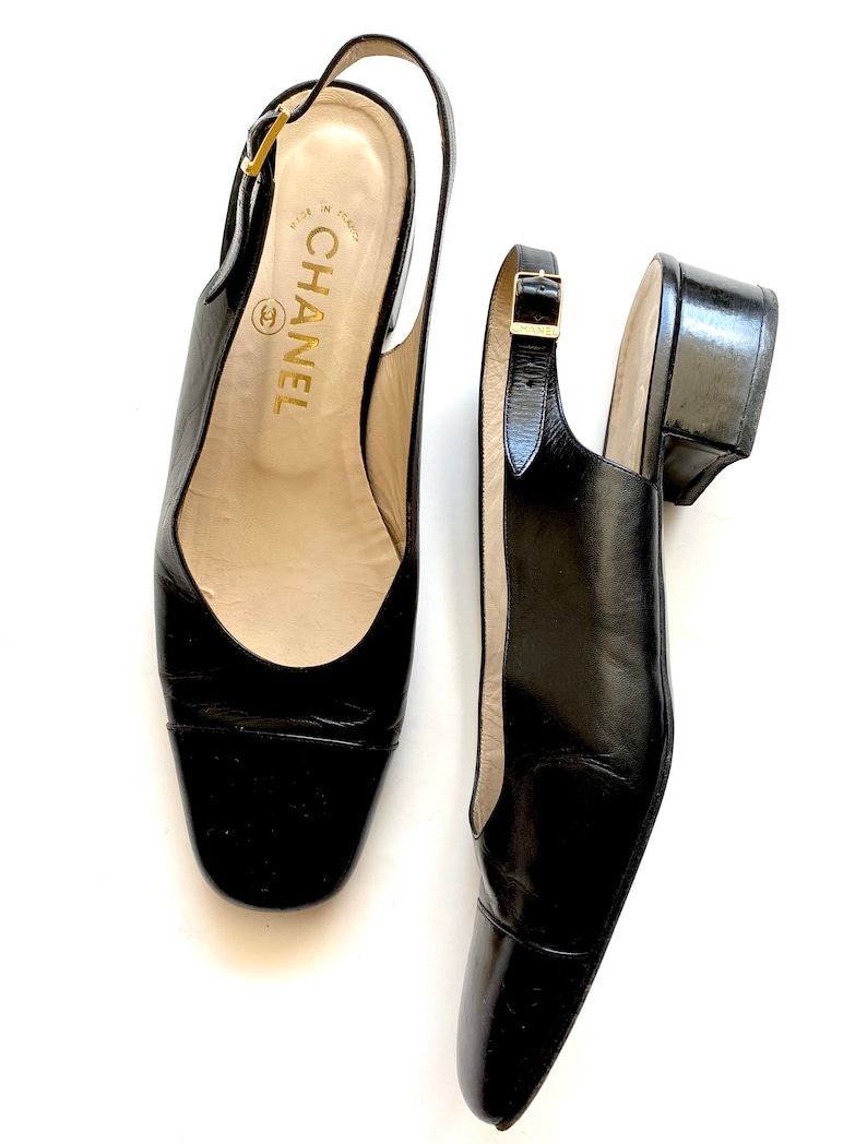 Vintage Chanel Slingback Black Mule Gold Buckle Square Heels Etsy