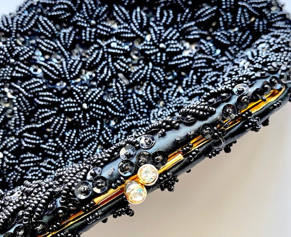 Vintage 50s Beaded Sequin Clutch // Black Gold Rh… - image 2