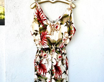 Vintage Hawaiian Floral Romper White Orchid Palm Hawaii Tropical One Piece