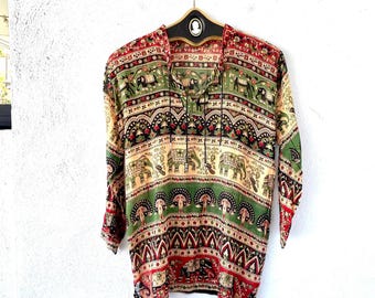 Vintage jaren 70 Indiase boho hippie gaas shirt Indiase olifant dunne top met lange mouwen