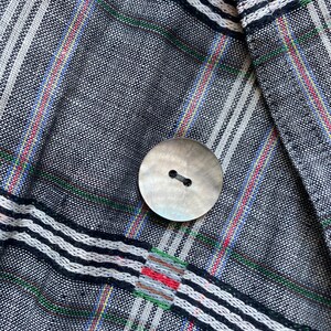 May include: A textured fabric garment featuring a dark gray base with a woven plaid pattern in white, red, green, and blue stripes. A single round, iridescent, two-hole button is centered on the fabric, secured with dark gray thread.