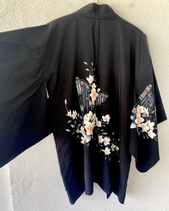 Vintage Japanese Black Floral Kimono Cardigan Top… - image 6