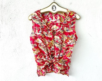 Chemise hawaïenne vintage florale Haut court hawaïen avec cravate pour femme