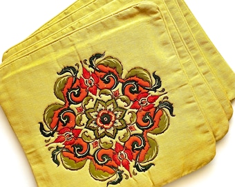 Vintage 70s Floral Pillow Cover Set: Woven Ornate Design, Yellow Decor