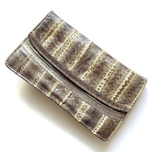 Vintage 60s 70s Snakeskin Leather Large Clutch Purse Gray White Shoulder Bag