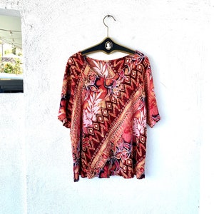 Vintage 90s Crinkle Gauze Hawaiian Tropical Shirt Oversized Red Pink Palm Shirt