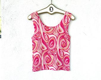 Vintage jaren 90 plooien, stijl tanktop roze psychedelisch shirt