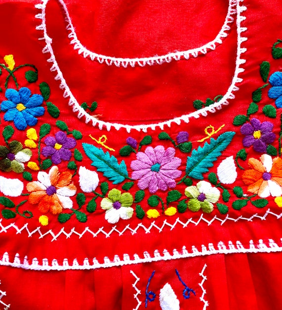 Vintage Mexican Dress Girls Embroidered Floral Re… - image 2