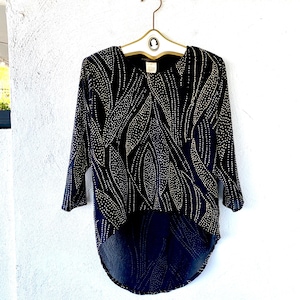Vintage 70s 80s Disco Glam Top 1970s 1980s Metallic Glitter High Low Black Gold Shirt