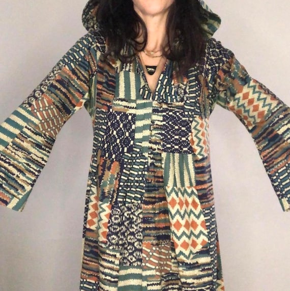 Vintage 60s 70s Hippie Hooded Dress Boho Ombré Pa… - image 2